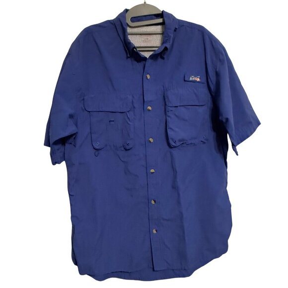 Mens World Wide Blue Fishing Button Down Short Sleeve Shirt - Size Large - Picture 1 of 7